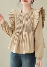 Load image into Gallery viewer, French Khaki Ruffled Patchwork Cotton Shirt Long Sleeve