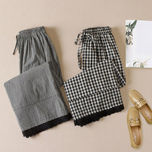 Load image into Gallery viewer, French Large Plaid Pockets Elastic Waist Linen Crop Pants Summer