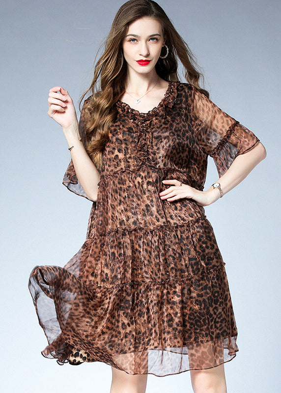 French Leopard Ruffled Patchwork Chiffon Mid Dress Summer