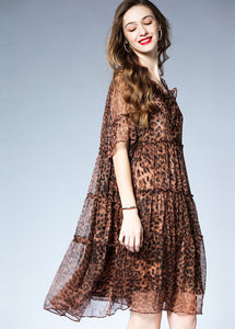 French Leopard Ruffled Patchwork Chiffon Mid Dress Summer