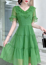 Load image into Gallery viewer, French Light Green V Neck Ruffled Patchwork Silk Dresses Summer