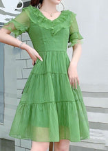 Load image into Gallery viewer, French Light Green V Neck Ruffled Patchwork Silk Dresses Summer