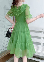 Load image into Gallery viewer, French Light Green V Neck Ruffled Patchwork Silk Dresses Summer