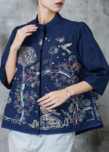 Load image into Gallery viewer, French Navy Embroidered Cotton Shirt Tops Bracelet Sleeve