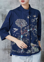 Load image into Gallery viewer, French Navy Embroidered Cotton Shirt Tops Bracelet Sleeve