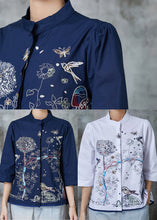 Load image into Gallery viewer, French Navy Embroidered Cotton Shirt Tops Bracelet Sleeve