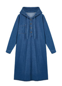 French Navy Hooded Button Patchwork Denim Dress Spring