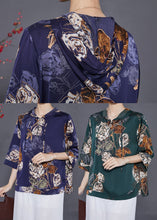 Load image into Gallery viewer, French Navy Hooded Print Silk Shirts Bracelet Sleeve