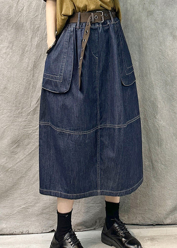 French Navy Pockets Patchwork Denim Straight Skirt Summer