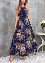 Load image into Gallery viewer, French Navy Print Side Open Cotton Long Dresses Sleeveless