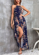 Load image into Gallery viewer, French Navy Print Side Open Cotton Long Dresses Sleeveless