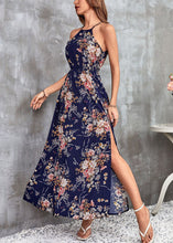 Load image into Gallery viewer, French Navy Print Side Open Cotton Long Dresses Sleeveless