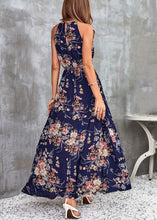 Load image into Gallery viewer, French Navy Print Side Open Cotton Long Dresses Sleeveless