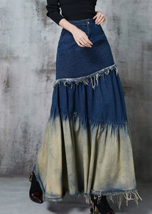 French Navy Silm Fit Patchwork Gradient Color Denim Skirt Spring