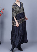 Load image into Gallery viewer, French Navy V Neck Print Pockets Silk Party Long Dress Spring