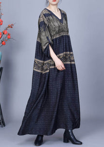 French Navy V Neck Print Pockets Silk Party Long Dress Spring