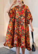 Load image into Gallery viewer, French Orange Print Ruffled Patchwork Maxi Dress Batwing Sleeve