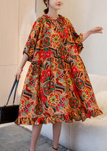 Load image into Gallery viewer, French Orange Print Ruffled Patchwork Maxi Dress Batwing Sleeve