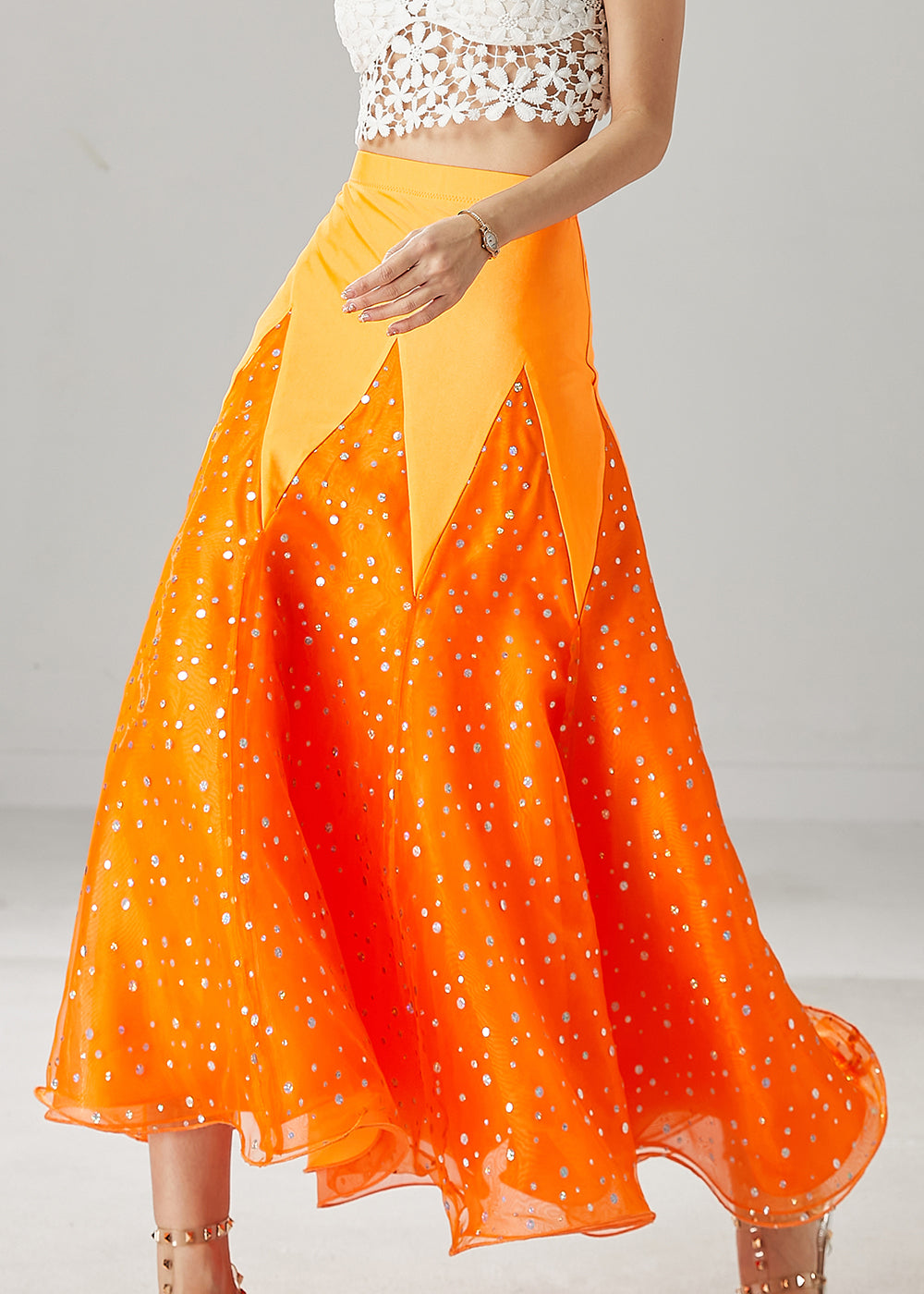 French Orange Silm Fit Patchwork Zircon Tulle Skirts Spring