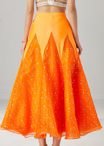 French Orange Silm Fit Patchwork Zircon Tulle Skirts Spring