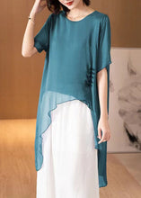 Load image into Gallery viewer, French Peacock Blue O-Neck Asymmetrical Patchwork Chiffon Shirts Tops Summer