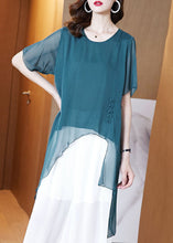 Load image into Gallery viewer, French Peacock Blue O-Neck Asymmetrical Patchwork Chiffon Shirts Tops Summer