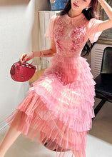 Load image into Gallery viewer, French Pink Embroidered Ruffled Patchwork Tulle Dresses Summer