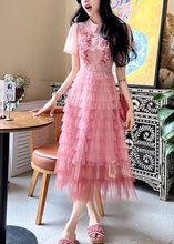 Load image into Gallery viewer, French Pink Embroidered Ruffled Patchwork Tulle Dresses Summer