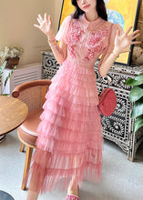 Load image into Gallery viewer, French Pink Embroidered Ruffled Patchwork Tulle Dresses Summer