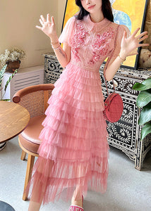 French Pink Embroidered Ruffled Patchwork Tulle Dresses Summer