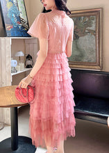 Load image into Gallery viewer, French Pink Embroidered Ruffled Patchwork Tulle Dresses Summer