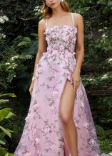 Load image into Gallery viewer, French Pink Embroidered Tulle Spaghetti Strap Dress Summer