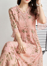 Load image into Gallery viewer, French Pink Embroidered Patchwork Wrinkled Tulle Dress Summer