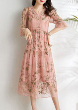 Load image into Gallery viewer, French Pink Embroidered Patchwork Wrinkled Tulle Dress Summer