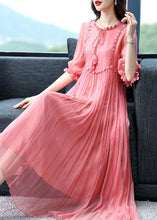 Load image into Gallery viewer, French Pink O Neck Wrinkled Patchwork Silk Dress Summer