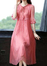 Load image into Gallery viewer, French Pink O Neck Wrinkled Patchwork Silk Dress Summer