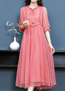 French Pink O Neck Wrinkled Patchwork Silk Dress Summer