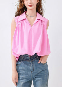 French Pink Peter Pan Collar Solid Cotton Shirt Sleeveless