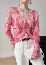 Load image into Gallery viewer, French Pink Print V Neck Button Knit Tops Long Sleeve