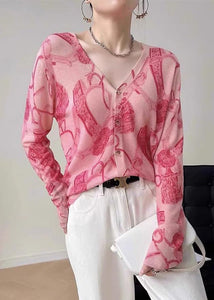 French Pink Print V Neck Button Knit Tops Long Sleeve