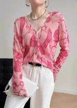 Load image into Gallery viewer, French Pink Print V Neck Button Knit Tops Long Sleeve