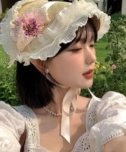 Load image into Gallery viewer, French Pink Purple Lace Flower Ruffles Grass Woven Sun Hat