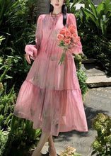 Load image into Gallery viewer, French Pink Ruffled Lace Up Patchwork Chiffon Dress Long Sleeve