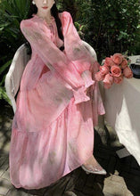 Load image into Gallery viewer, French Pink Ruffled Lace Up Patchwork Chiffon Dress Long Sleeve