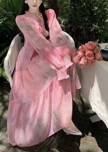 French Pink Ruffled Lace Up Patchwork Chiffon Dress Long Sleeve