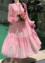 Load image into Gallery viewer, French Pink Ruffled Lace Up Patchwork Chiffon Dress Long Sleeve