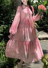 Load image into Gallery viewer, French Pink Ruffled Lace Up Patchwork Chiffon Dress Long Sleeve