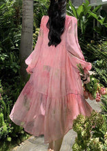 Load image into Gallery viewer, French Pink Ruffled Lace Up Patchwork Chiffon Dress Long Sleeve