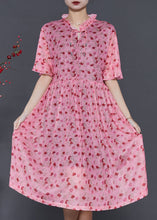 Load image into Gallery viewer, French Pink Ruffled Print Tasseled Chiffon Dress Summer