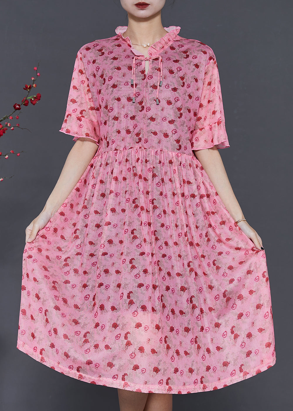 French Pink Ruffled Print Tasseled Chiffon Dress Summer